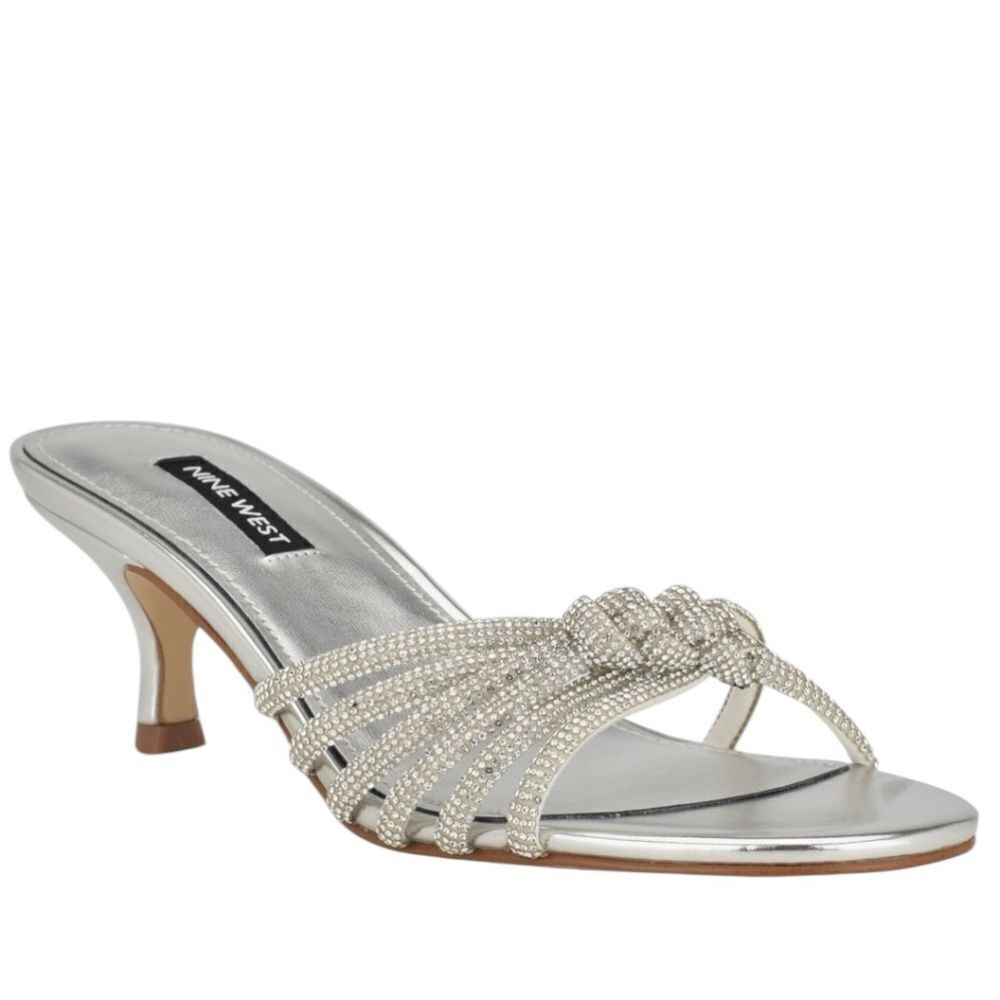NINE WEST Glitzy Kitten Heel Sandal Silver Embellished Slip-On Size 10 NEW